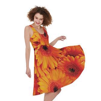 Orange Daisy Flower Print Sleeveless Knee Length Dress | Newhawaiianshirts DE