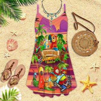 Parrot Drink Cocktail Tiki Party Beach Bar Pink Spaghetti Strap Summer Dress | Newhawaiianshirts CA