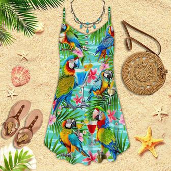 Parrot Drinking Cocktails The Beach Is My Happy Place Tropical Spaghetti Strap Summer Dress | Newhawaiianshirts AU