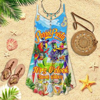 Parrot It's 5 O'Clock Somewhere Parrot Cocktail Party Blue Spaghetti Strap Summer Dress | Newhawaiianshirts