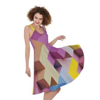 Pastel Geometric Cubic Print Sleeveless Knee Length Dress | Newhawaiianshirts AU