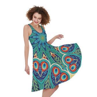 Peacock Feather Floral Pattern Print Sleeveless Knee Length Dress | Newhawaiianshirts UK