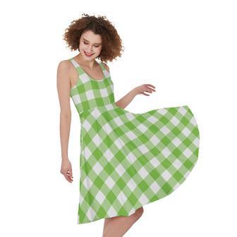 Pear Green And White Gingham Print Sleeveless Knee Length Dress | Newhawaiianshirts