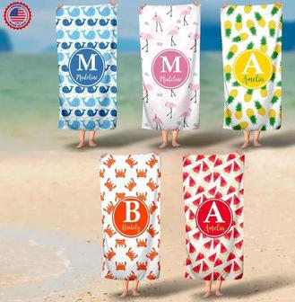 Pineapple Monogram Personalized Beach Towels Crab Summer Fruit Theme | Newhawaiianshirts AU