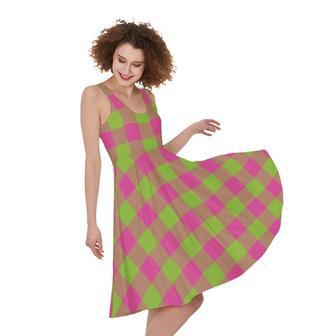 Pink And Green Buffalo Plaid Print Sleeveless Knee Length Dress | Newhawaiianshirts