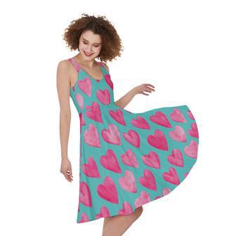 Pink And Teal Watercolor Heart Print Sleeveless Knee Length Dress | Newhawaiianshirts CA