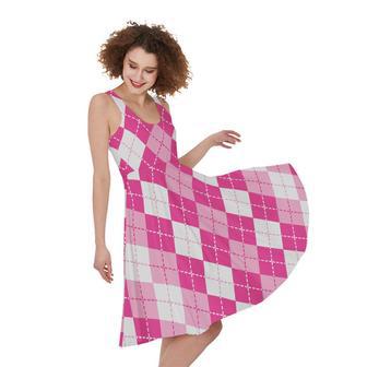 Pink And White Argyle Pattern Print Sleeveless Knee Length Dress | Newhawaiianshirts