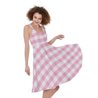 Pink And White Gingham Pattern Print Sleeveless Knee Length Dress | Newhawaiianshirts