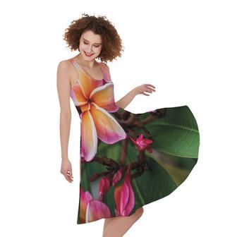 Pink And Yellow Plumeria Flower Print Sleeveless Knee Length Dress | Newhawaiianshirts