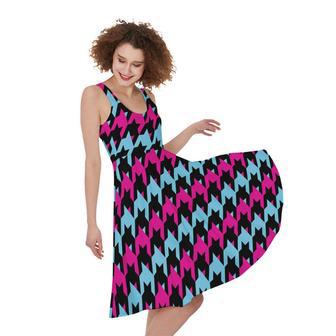 Pink Blue And Black Houndstooth Print Sleeveless Knee Length Dress | Newhawaiianshirts UK