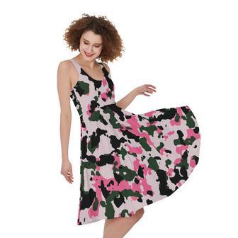 Pink Green And Black Camouflage Print Sleeveless Knee Length Dress | Newhawaiianshirts