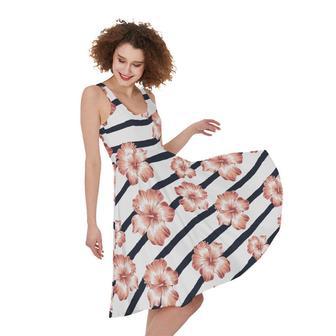 Pink Hibiscus Striped Pattern Print Sleeveless Knee Length Dress | Newhawaiianshirts DE