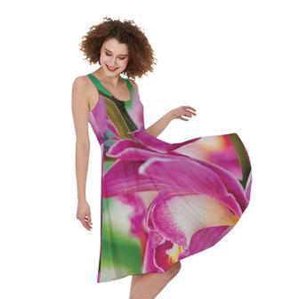 Pink Orchid Flower Print Sleeveless Knee Length Dress | Newhawaiianshirts UK