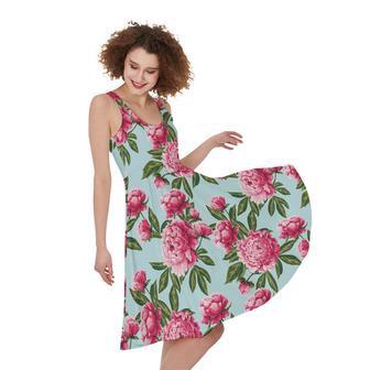 Pink Peony Pattern Print Sleeveless Knee Length Dress | Newhawaiianshirts DE