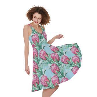 Pink Protea Pattern Print Sleeveless Knee Length Dress | Newhawaiianshirts CA