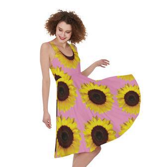 Pink Sunflower Pattern Print Sleeveless Knee Length Dress | Newhawaiianshirts DE