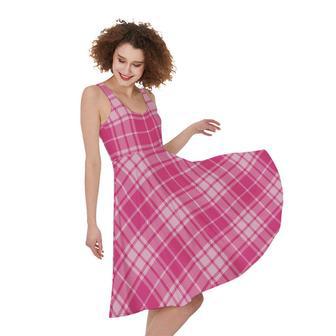 Pink Tartan Pattern Print Sleeveless Knee Length Dress | Newhawaiianshirts DE