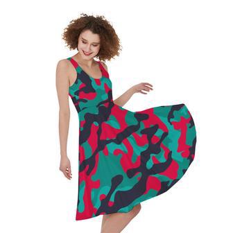 Pink Teal And Black Camouflage Print Sleeveless Knee Length Dress | Newhawaiianshirts