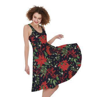 Poinsettia Flower Pattern Print Sleeveless Knee Length Dress | Newhawaiianshirts CA