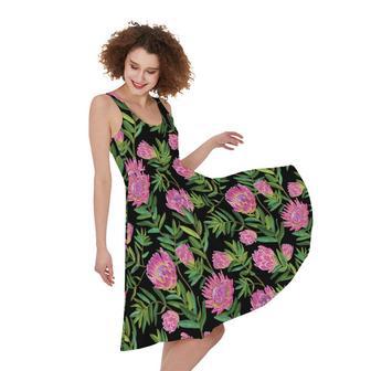 Protea Floral Pattern Print Sleeveless Knee Length Dress | Newhawaiianshirts UK