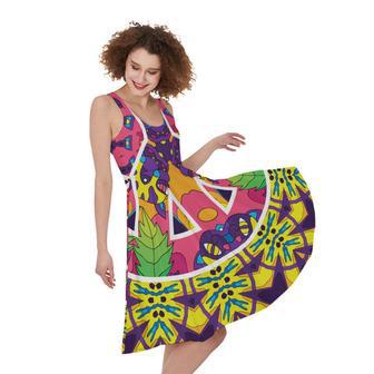 Psychedelic Hippie Peace Sign Print Sleeveless Knee Length Dress | Newhawaiianshirts CA