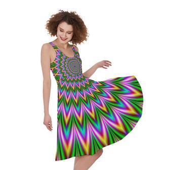 Psychedelic Radiant Optical Illusion Sleeveless Knee Length Dress | Newhawaiianshirts DE