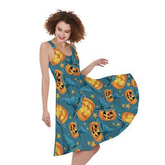 Pumpkin With Witch Hat Pattern Print Sleeveless Knee Length Dress | Newhawaiianshirts CA