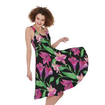 Purple Alstroemeria Pattern Print Sleeveless Knee Length Dress | Newhawaiianshirts