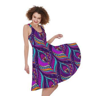 Purple Bohemian Peacock Feather Print Sleeveless Knee Length Dress | Newhawaiianshirts AU