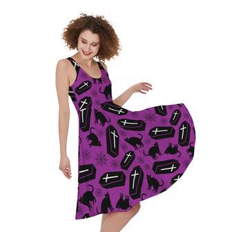 Purple Halloween Coffin Pattern Print Sleeveless Knee Length Dress | Newhawaiianshirts