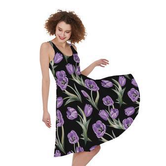 Purple Watercolor Tulip Pattern Print Sleeveless Knee Length Dress | Newhawaiianshirts DE