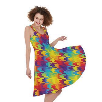 Rainbow Houndstooth Pattern Print Sleeveless Knee Length Dress | Newhawaiianshirts