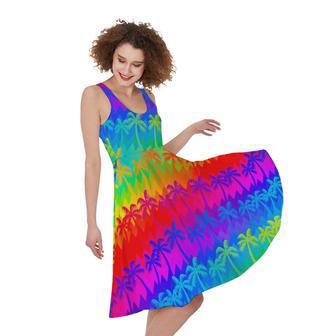 Rainbow Palm Tree Pattern Print Sleeveless Knee Length Dress | Newhawaiianshirts DE