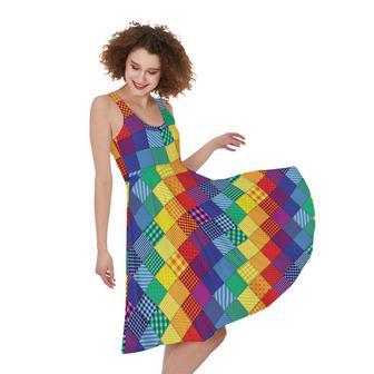 Rainbow Patchwork Pattern Print Sleeveless Knee Length Dress | Newhawaiianshirts DE