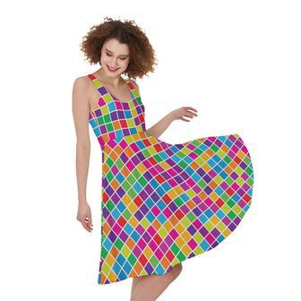 Rainbow Squares Pattern Print Sleeveless Knee Length Dress | Newhawaiianshirts