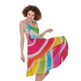 Rainbow Swirl Candy Print Sleeveless Knee Length Dress | Newhawaiianshirts