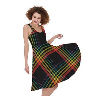 Rainbow Tartan Pattern Print Sleeveless Knee Length Dress | Newhawaiianshirts