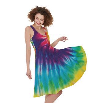 Rainbow Tie Dye Print Sleeveless Knee Length Dress | Newhawaiianshirts DE