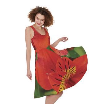 Red Alstroemeria Print Sleeveless Knee Length Dress | Newhawaiianshirts AU