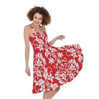 Red And White Damask Pattern Print Sleeveless Knee Length Dress | Newhawaiianshirts CA