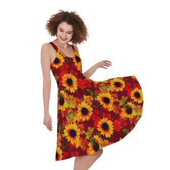 Red Autumn Sunflower Pattern Print Sleeveless Knee Length Dress | Newhawaiianshirts