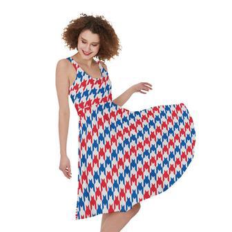 Red Blue And White Houndstooth Print Sleeveless Knee Length Dress | Newhawaiianshirts DE