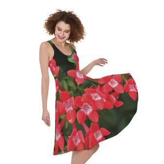 Red Bouvardia Print Sleeveless Knee Length Dress | Newhawaiianshirts DE