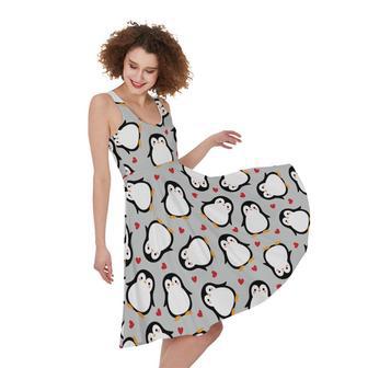 Red Heart And Penguin Pattern Print Sleeveless Knee Length Dress | Newhawaiianshirts UK