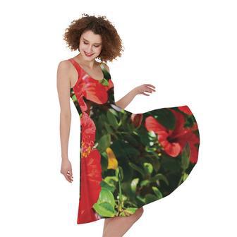 Red Hibiscus Flowers Print Sleeveless Knee Length Dress | Newhawaiianshirts DE