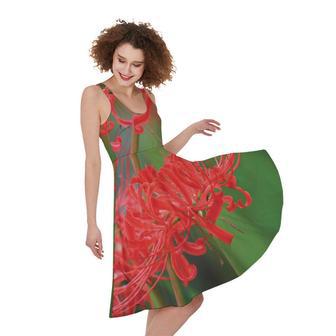 Red Japanese Amaryllis Print Sleeveless Knee Length Dress | Newhawaiianshirts CA