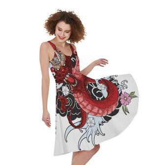 Red Japanese Dragon Tattoo Print Sleeveless Knee Length Dress | Newhawaiianshirts AU