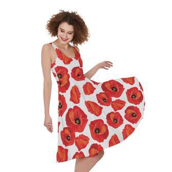 Red Poppy Pattern Print Sleeveless Knee Length Dress | Newhawaiianshirts