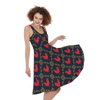 Red Rooster Pattern Print Sleeveless Knee Length Dress | Newhawaiianshirts AU