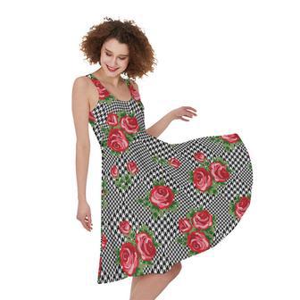 Red Roses Houndstooth Pattern Print Sleeveless Knee Length Dress | Newhawaiianshirts UK